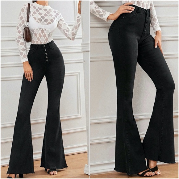 high waist button fitted Dark wash denim bell bottom Jeans - Picture 5 of 12